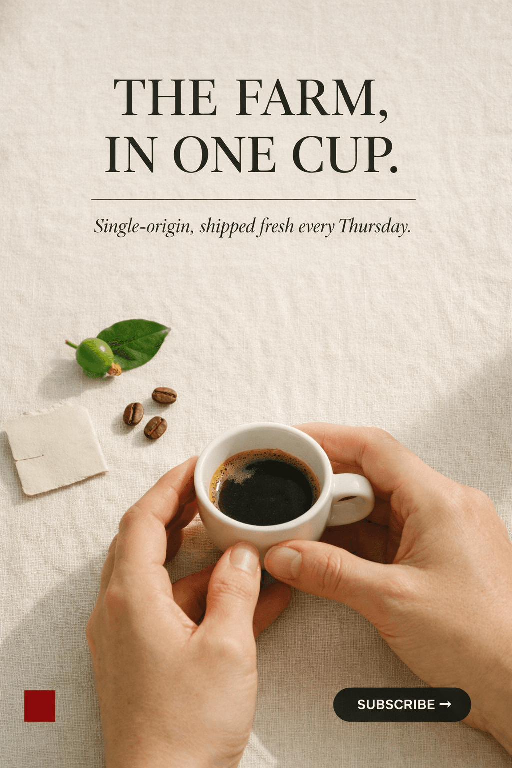 Pinterest pin specimen: overhead hands holding espresso, headline 'THE FARM, IN ONE CUP.'