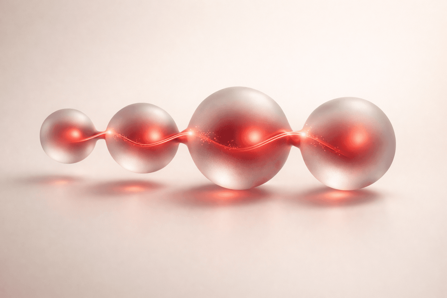 Four glowing glass orbs connected by oxblood-red light filaments — the visual stand-in for the agent's four-stage loop.