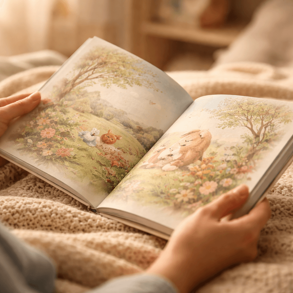 A children's picture book held open on a knit blanket.