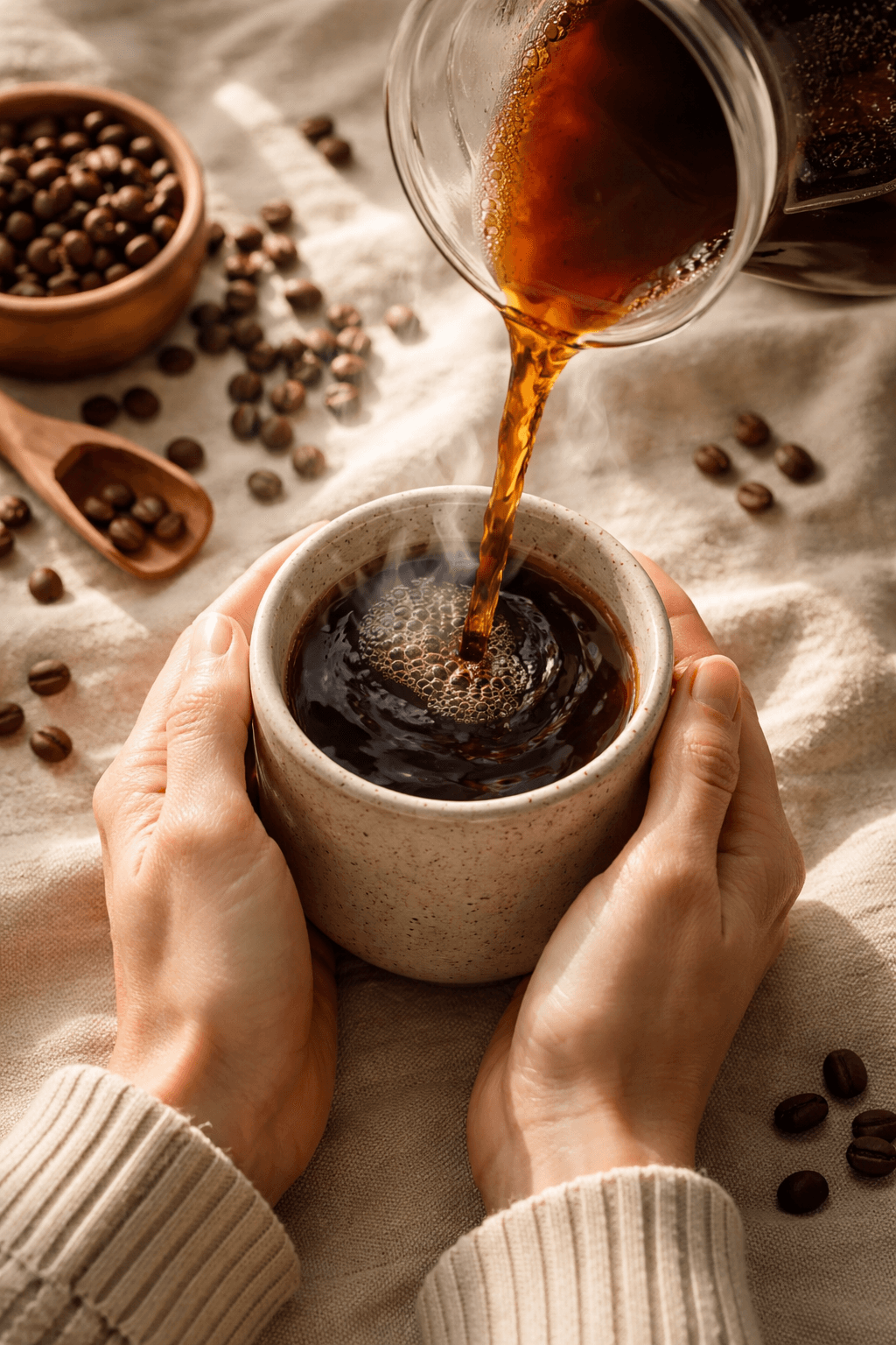 Pour-over coffee being poured into a ceramic cup held in two hands.