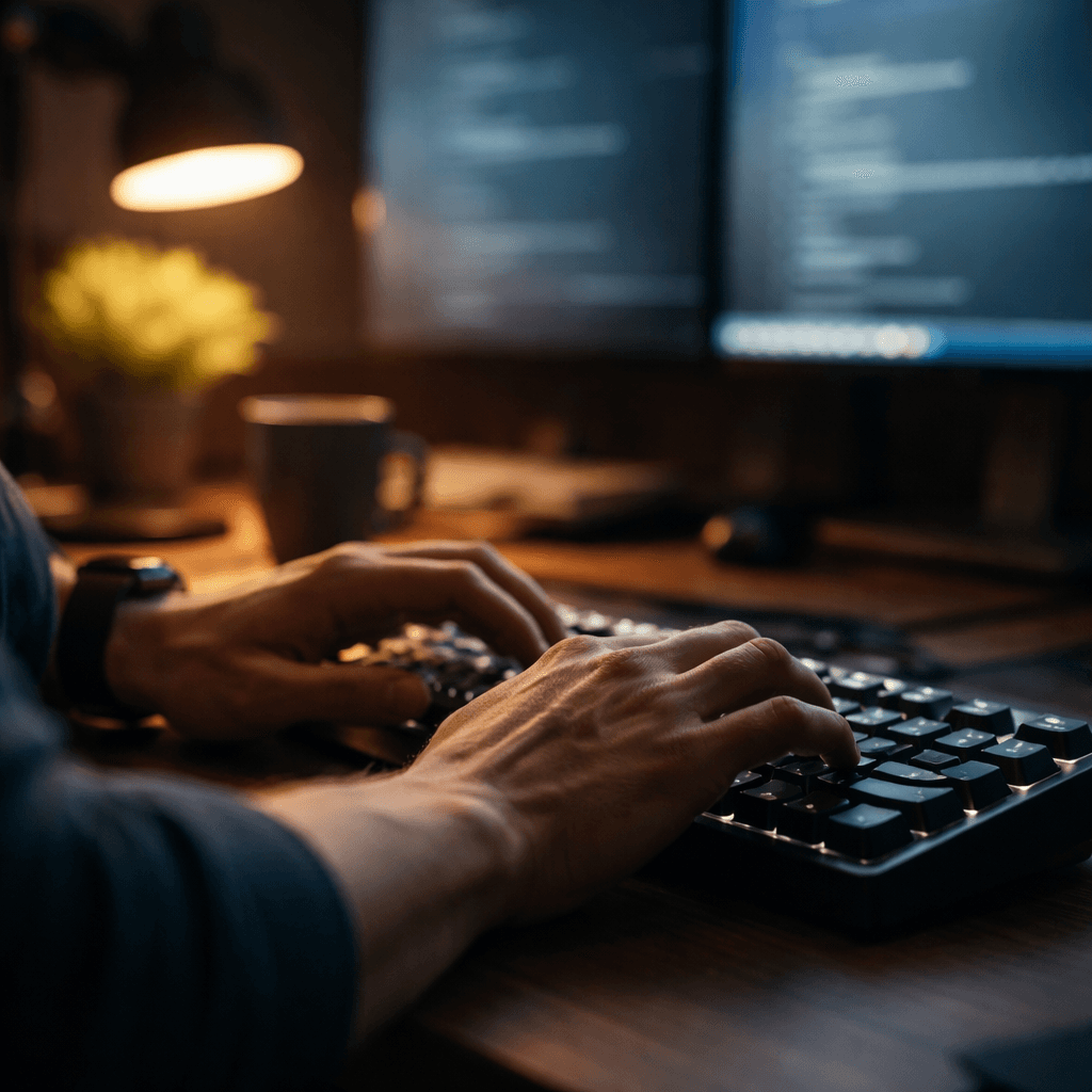 A developer's hands on a mechanical keyboard, dim workspace.