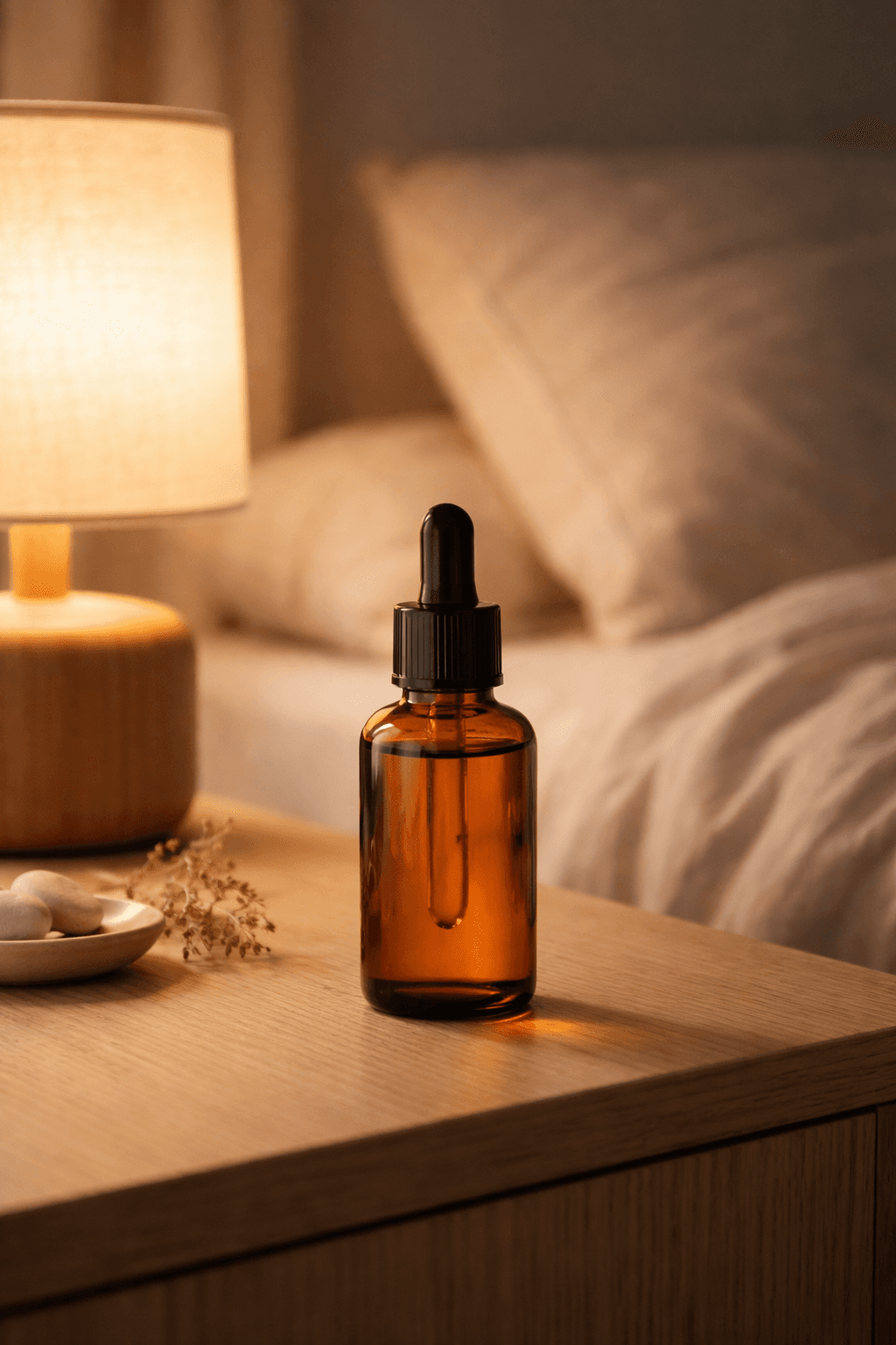 An amber wellness bottle on a bedside table beside a warm lamp.
