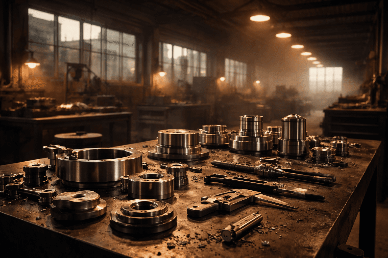 A machined-parts workbench in a small factory at dusk.