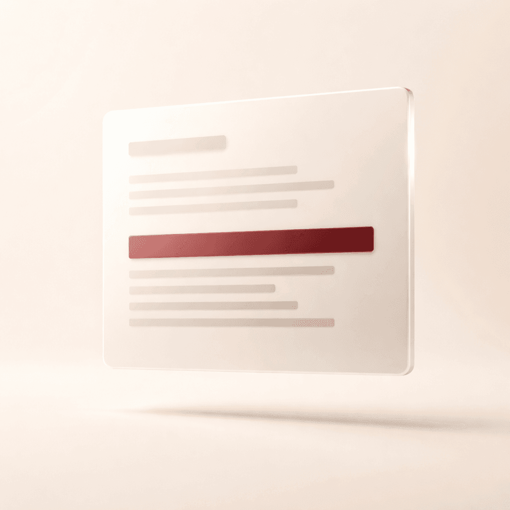 A floating frosted-glass document with an oxblood highlight stripe — stand-in for ad-copy output.
