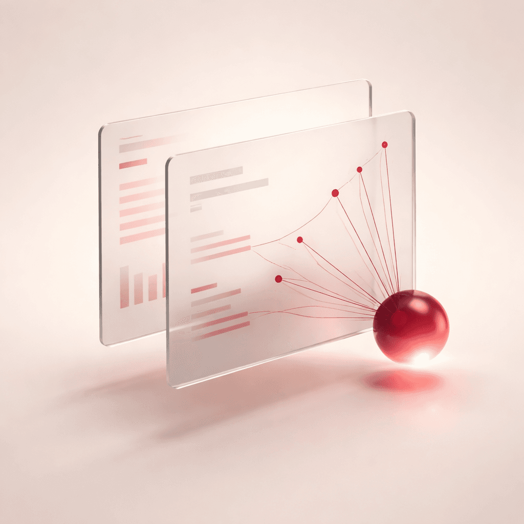 Two frosted-glass document panels with oxblood threads extracting into a small orb — stand-in for scraped research.