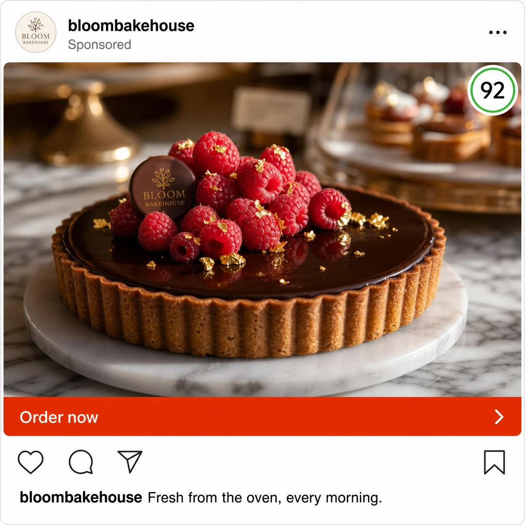 Example Instagram ad written by Draper for a bakery, marked with a 92 performance score