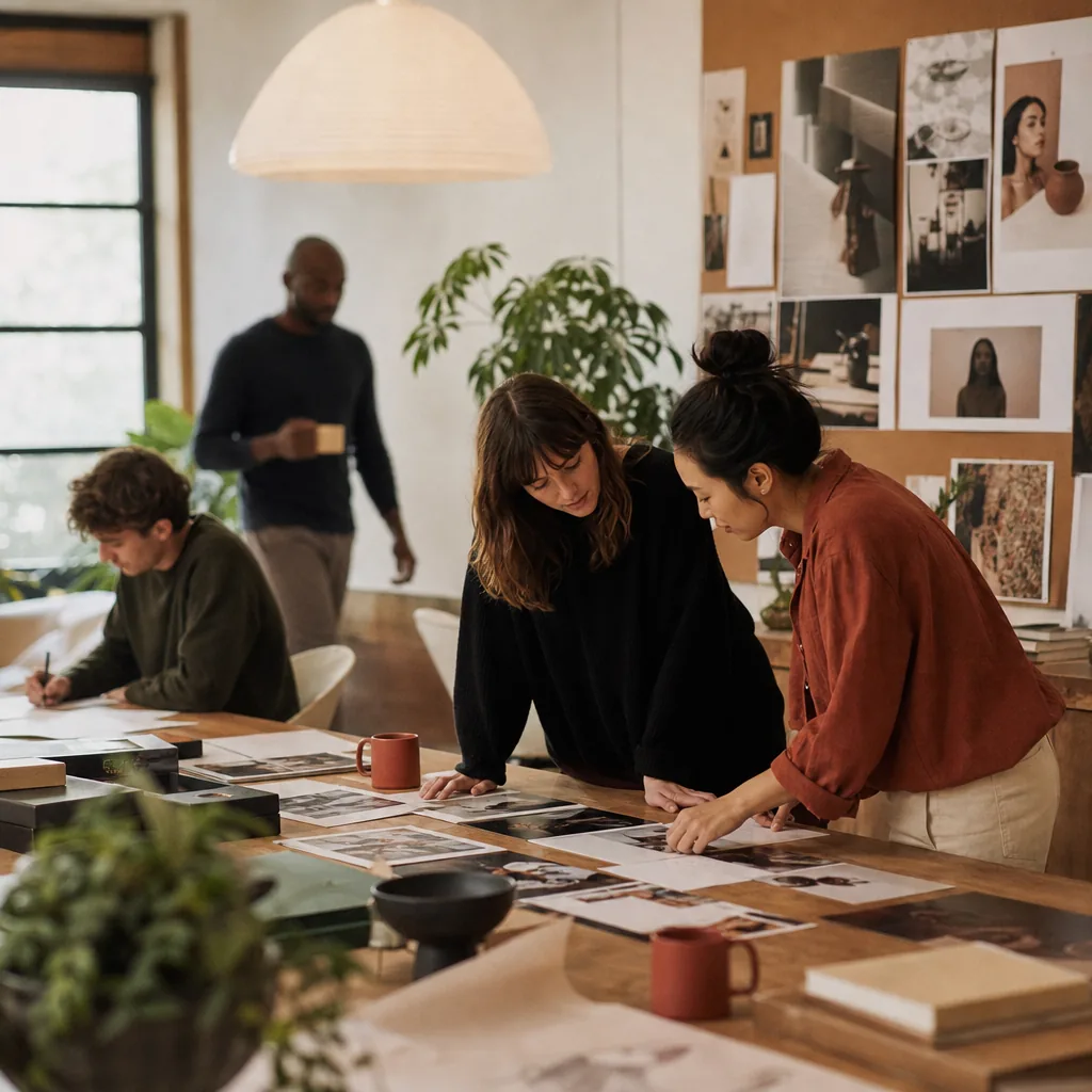 A marketing team reviewing printed ad creatives together in a studio