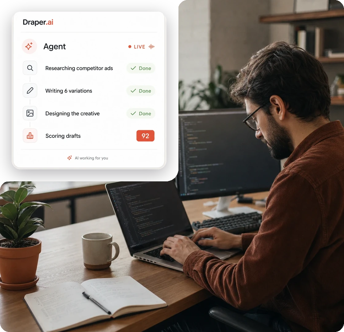 A developer at work with Draper's agent panel shown live — researching, writing, designing, and scoring an ad