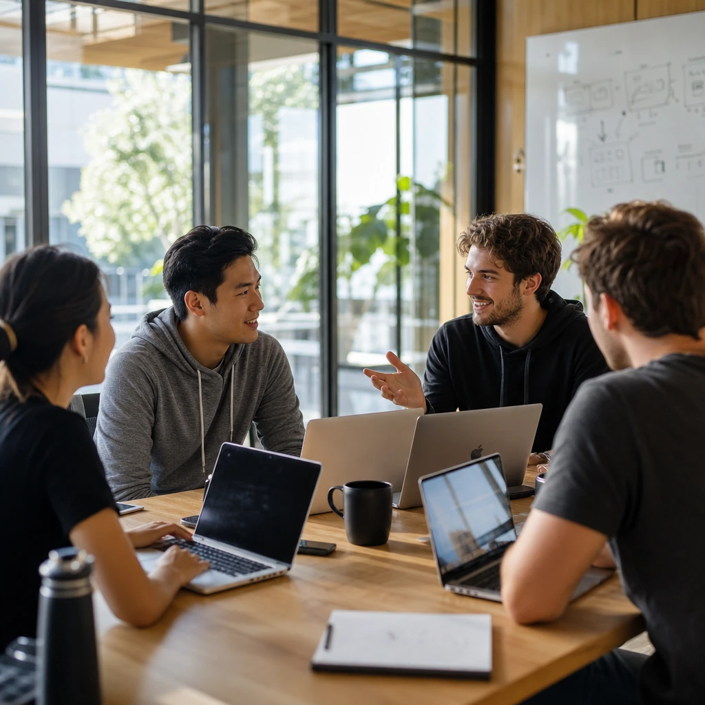 A small startup founding team meeting around a table in a bright modern office