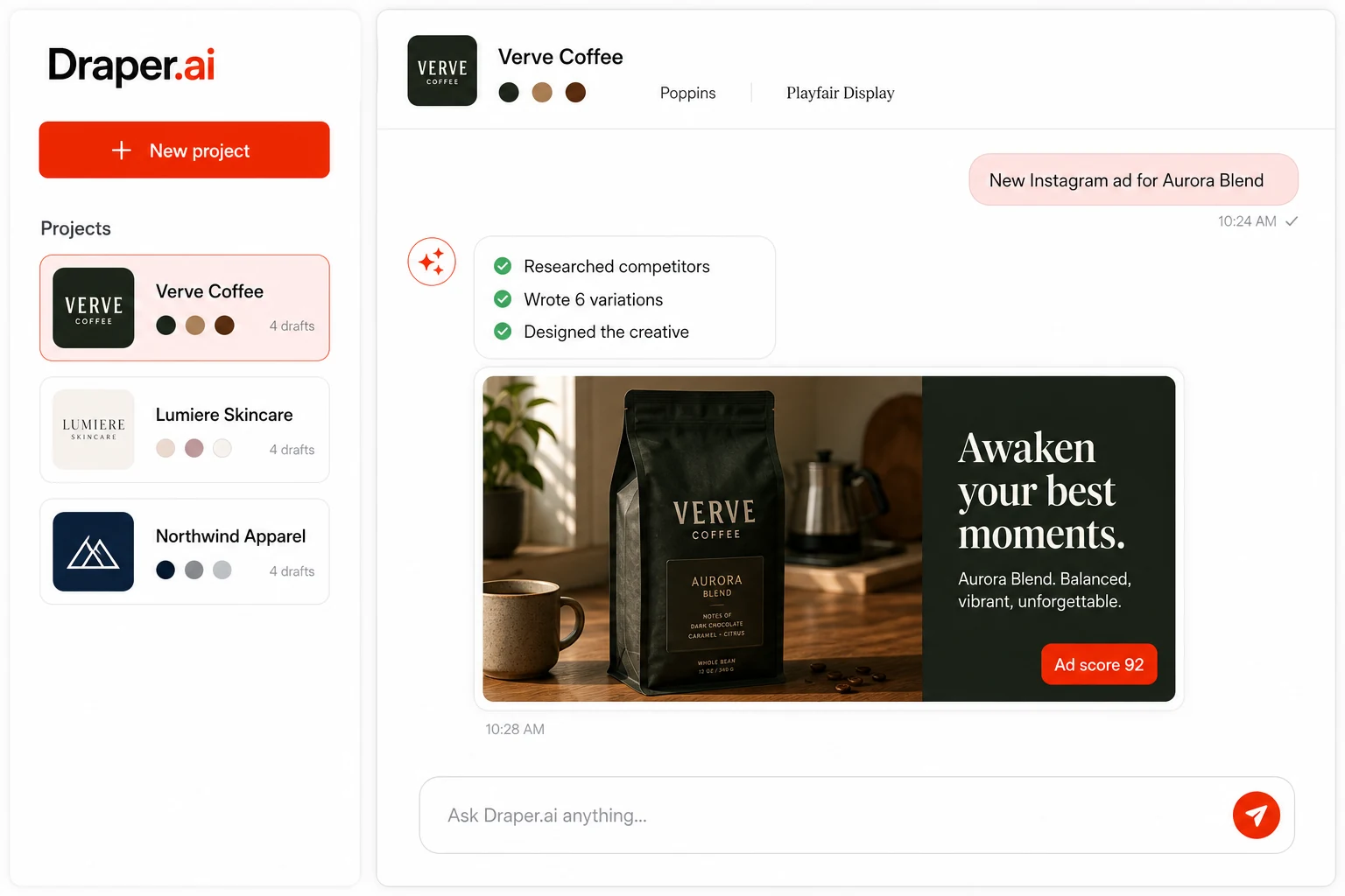 Draper.ai workspace showing projects in the sidebar, each with its own brand, and an open chat where the agent has drafted an ad scored 92