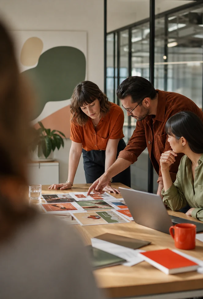 A marketing team reviewing ad creatives together in a modern office
