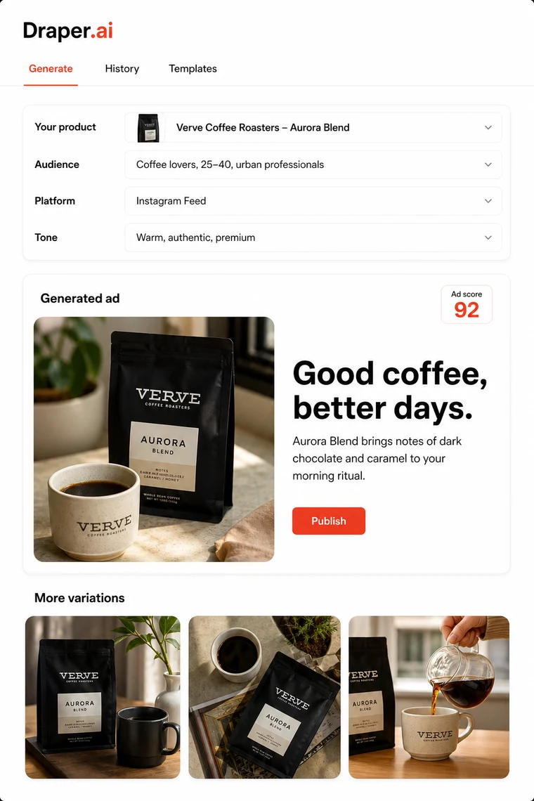 Draper.ai ad generator interface showing a generated coffee ad with copy, creative, and a 92 performance score