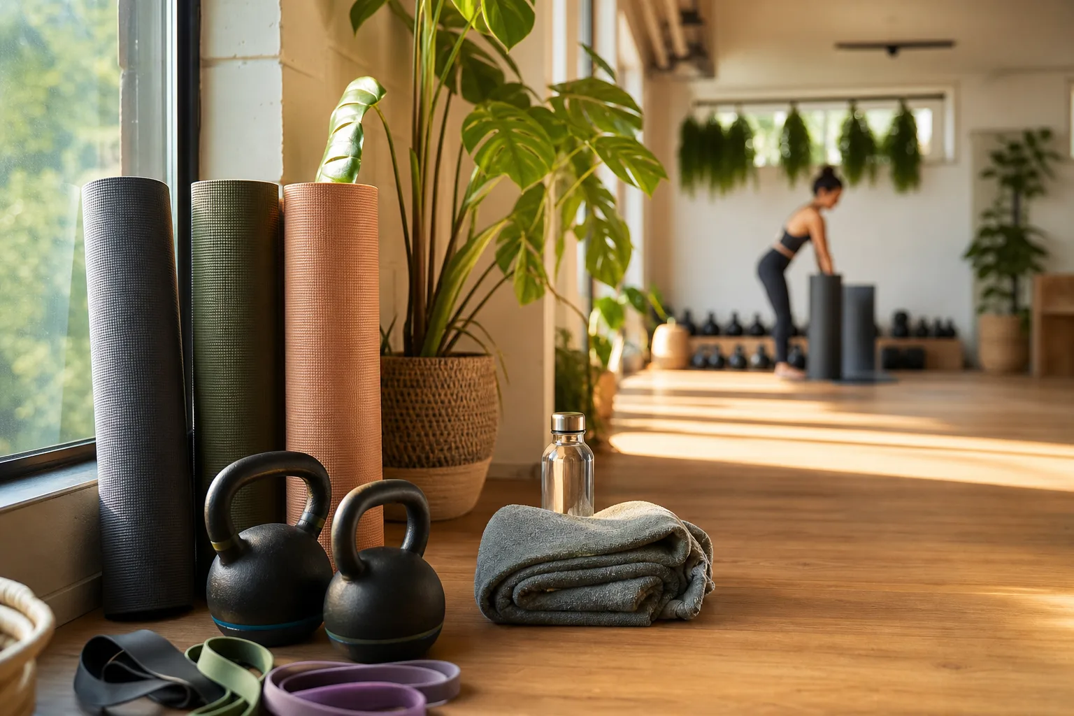A bright boutique fitness studio with yoga mats, kettlebells and resistance bands by a sunlit window