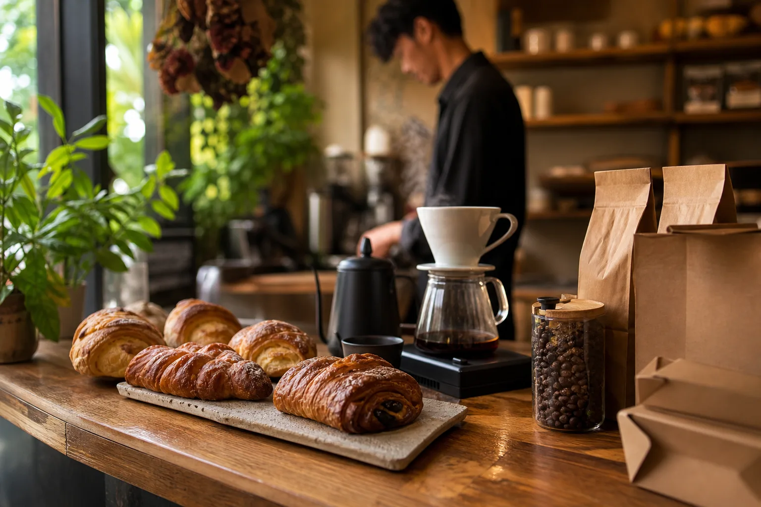 A small-batch cafe counter with fresh pastries, a pour-over coffee setup and kraft takeaway packaging