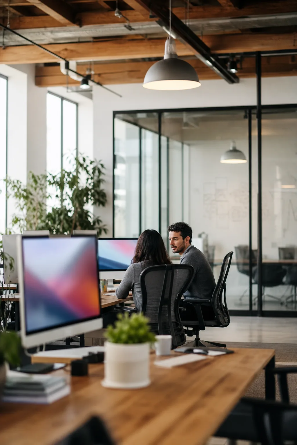 A modern B2B software startup's open-plan office with large monitors, a glass meeting room and plants