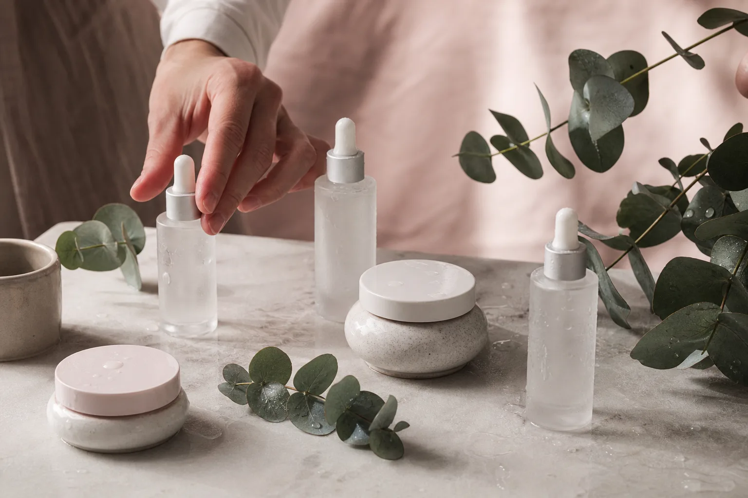 A skincare brand's product set: frosted-glass serum bottles and ceramic jars with eucalyptus on marble