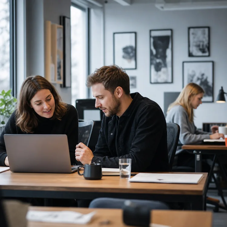 A marketing team reviewing ad creative together in an office