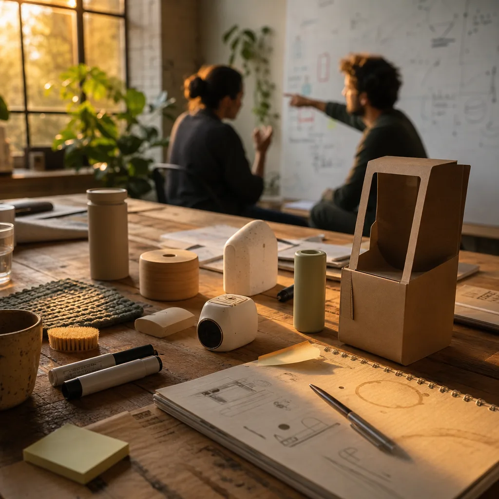 Early-stage startup studio at golden hour: product prototypes and sketches across the worktable, two founders at a whiteboard in soft focus behind
