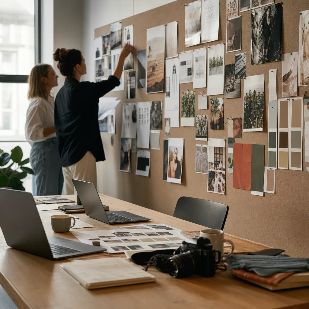 An in-house marketing team's workspace: a cork wall densely pinned with campaign printouts, colour swatches and a mood board, laptops and a camera on the desk