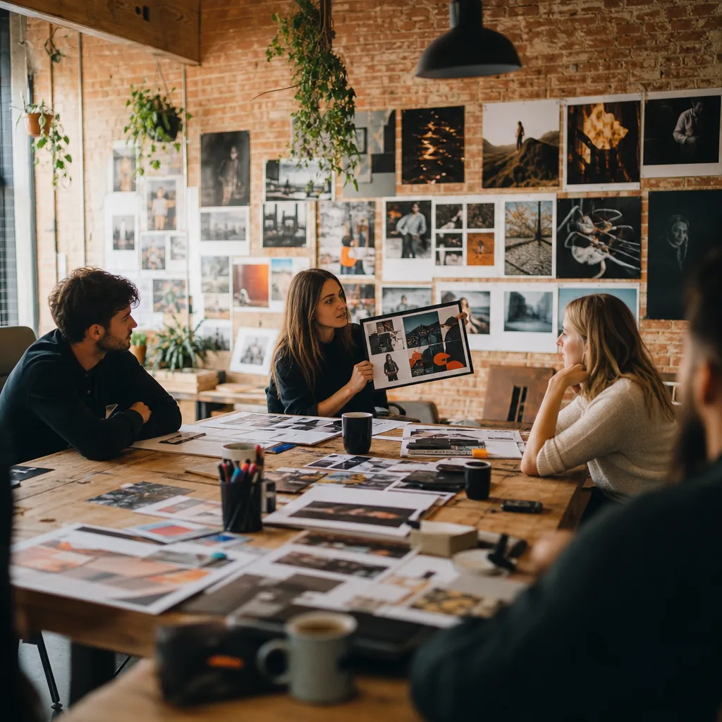 Creative agency loft studio: concept boards pinned across a brick wall, printed ad concepts spread on a big table, creatives mid-review