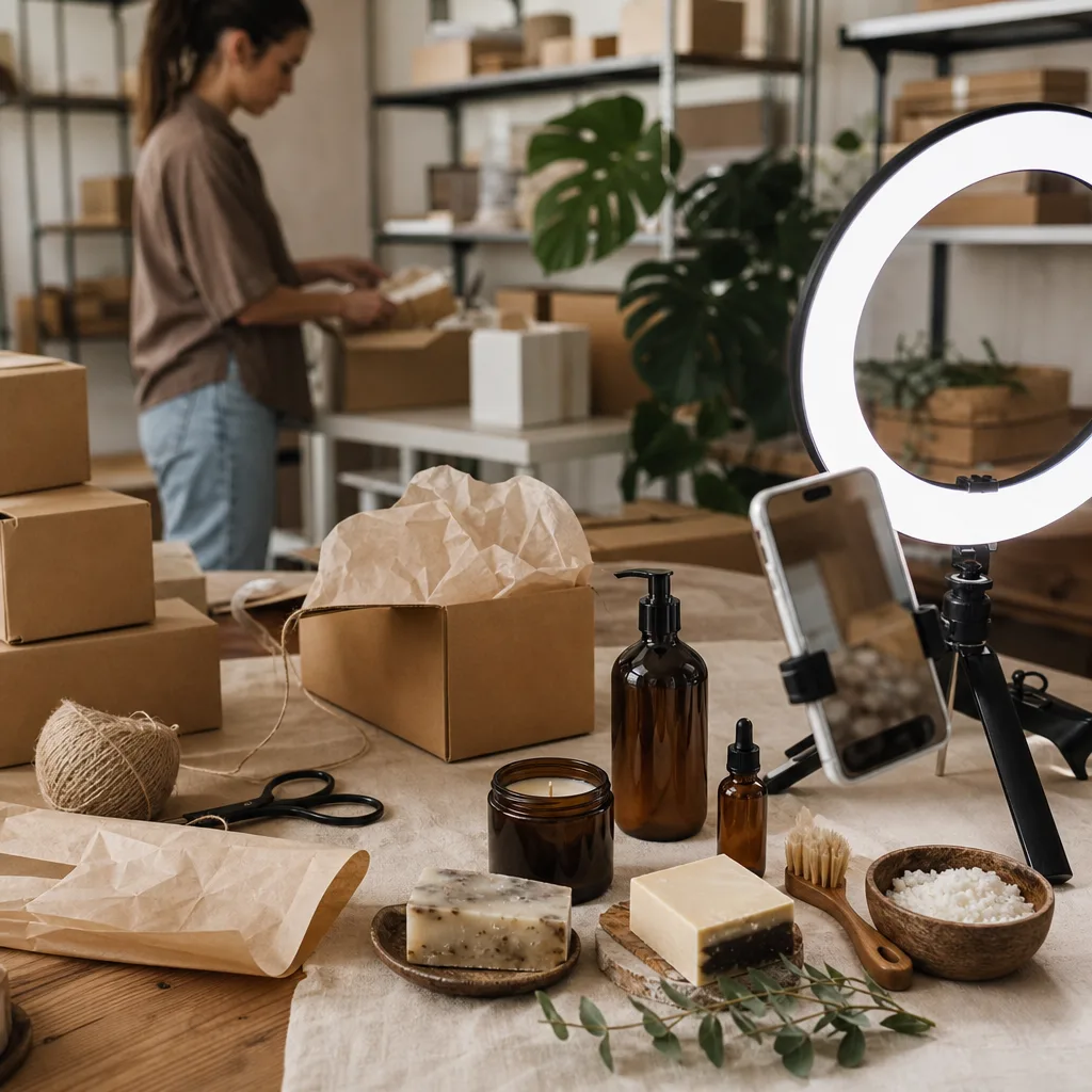 A DTC brand's studio-warehouse packing station: kraft shipping boxes, a styled product flat-lay, and a phone on a tripod with a ring light